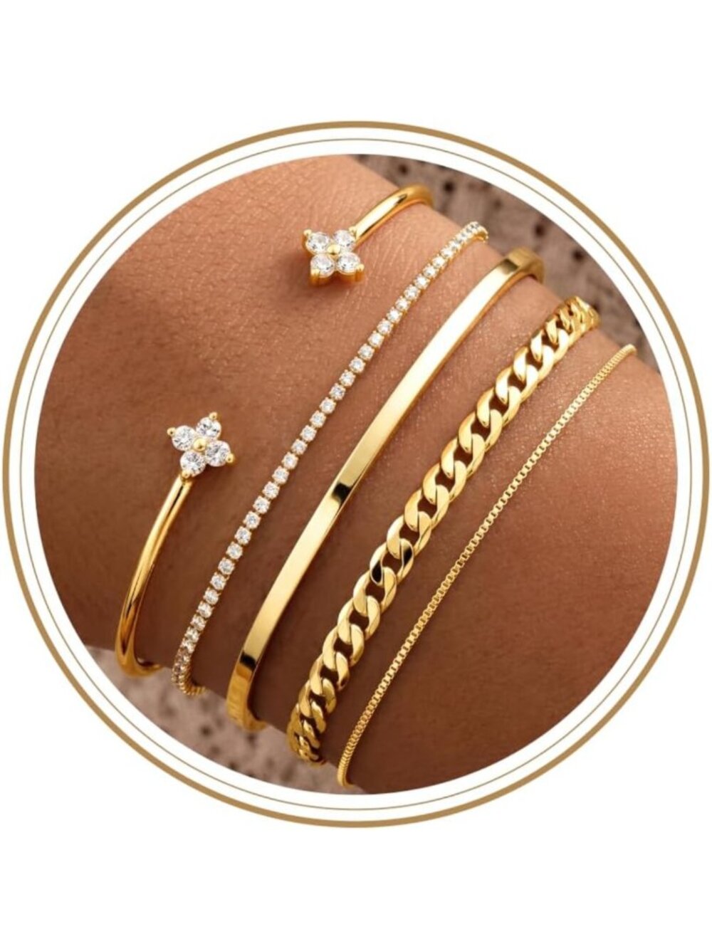 5-Pc Dainty Gold Cuff Bracelet Set for Women - Stackable, Waterproof